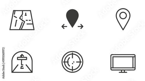 Navigational Elements: A set of essential navigational icons, ideal for illustrating direction, location, and mapping concepts.