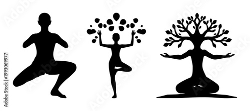 Yoga tree pose silhouette icon set with solid black figure on white background featuring yoga, posture, meditation with simple line and vector illustration