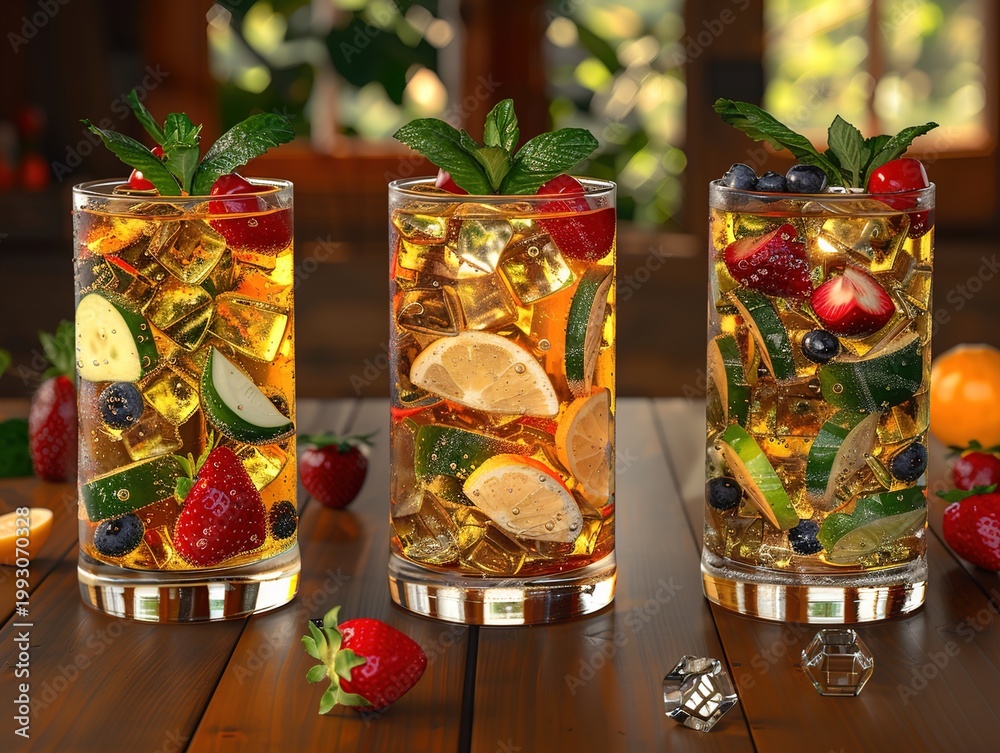 Fototapeta premium Three glasses of refreshing summer drink with fruits and mint on a wooden table