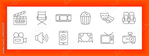Movie production set icon. Clapper board, director chair, film strip, popcorn box, theater masks, binoculars, camera device, speaker sound, smartphone video, stage curtain, television set