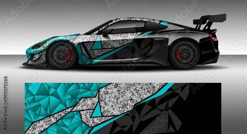 Abstract turquoise and black vehicle livery on a sports car