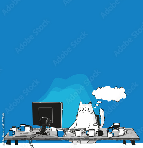 Exhausted office cat surrounded by coffee mugs, high caffeine intake at work.