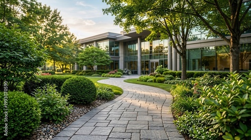 A paved footpath winds through beautifully landscaped commercial grounds with a modern building.
