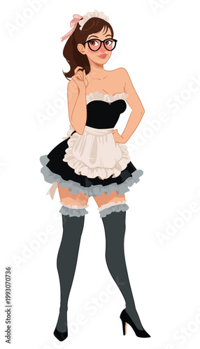 Sexy Maid Costume Pin-Up Girl with Glasses, Lingerie Outfit, Retro Vector Illustration