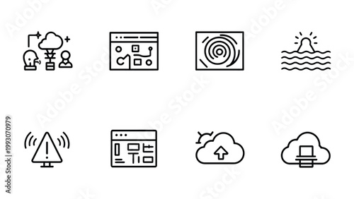 Tech Icons Set: A comprehensive collection of modern, minimalist icons representing various aspects of technology, including cloud computing, data analysis, and digital security.