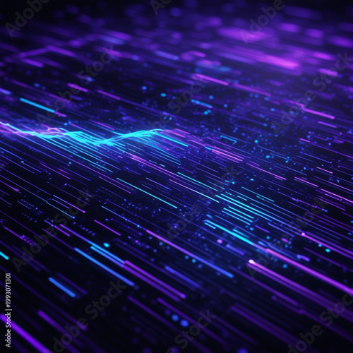 Abstract futuristic digital data network background with glowing blue and purple lines.