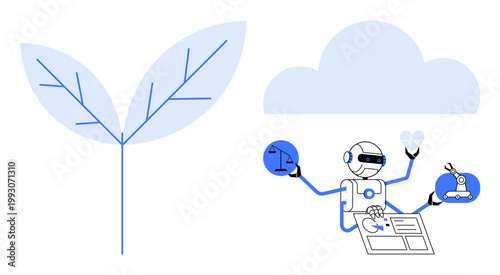 Sustainability, eco-conscious tech, robotics, automation, artificial intelligence, cloud computing. a robot multitasking alongside a leaf and cloud icon. Sustainability and eco-conscious tech