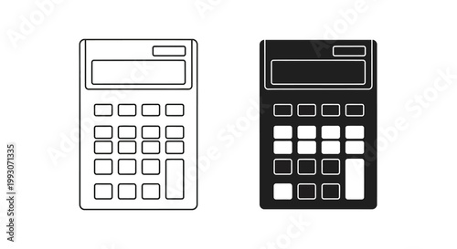 A minimalist illustration depicts two calculators one in a white outline and the other filled black high quality