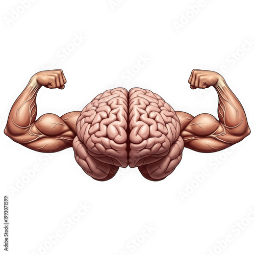A muscular brain flexing its arms isolated on transparent background