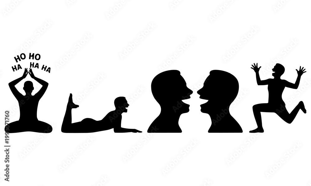 Obraz premium Silhouette of people laughing and having fun in different poses and expressions in a row isolated on white background