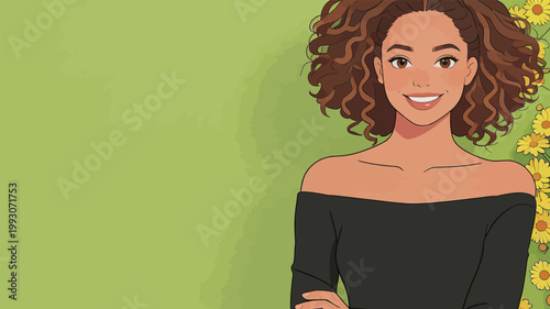 Smiling woman with curly hair in black top
