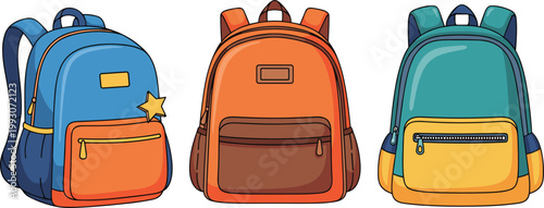 Set of Colorful Modern School Backpacks for Children and Students with Front PocketsSet of Colorful Modern School Backpacks for Children and Students with Front Pockets