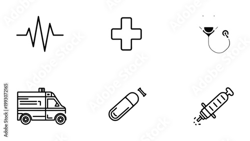 Medical Symbols: A minimalist depiction of essential medical symbols, embodying health, care, and emergency services. The illustration showcases a heartbeat line, a medical cross, a stethoscope.