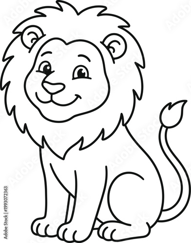 A simple vector illustration of a cute cartoon lion character featuring clean black outlines for children to color with ease