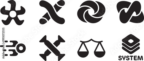 Set of Abstract Corporate Identity Justice Scales and Digital System Silhouette Icons