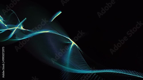 Abstract glowing blue and yellow light waves flow across dark background for futuristic technology