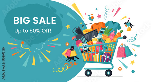Big Sale Up to 50% Off! A shopping cart overflowing with various items, gift boxes, and shopping bags, with confetti and celebratory elements, signifying a major retail event.