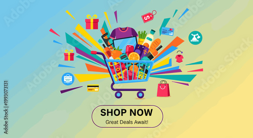 A vibrant illustration of a shopping cart overflowing with various products, symbolizing online shopping and great deals.
