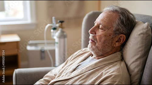 Elderly Man Wearing Nasal Cannula Sleeping Peacefully in Comfortable Armchair Under Soft Ambient Lighting Receiving Oxygen Therapy