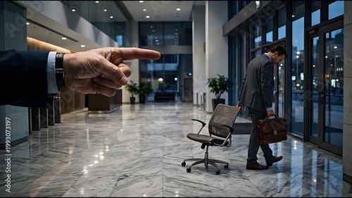 A Despondent Man in a Suit Carries His Briefcase and Office Chair Through a Modern Marble Lobby as a Giant Index Finger Points Accusatorily Behind