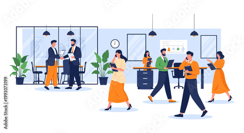 Illustration of a bustling modern office environment with diverse professionals working, collaborating, and conducting meetings in an open-plan workspace.