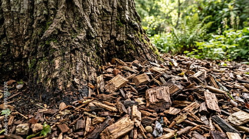 Wood Chips Mulched Around Tree Trunk in Lush Garden for Landscaping Ideas, Natural Aesthetics, Outdoor Projects, and Environmental Awareness