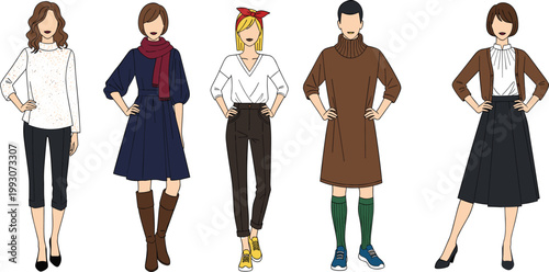 Fashionable Female Illustration Set Featuring Casual, Chic, and Stylish Outfits with Dresses, Boots, Scarves, and Accessories for Modern Fashion Design Projects.