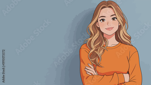 Young Woman with Long Blonde Hair in Orange Sweater