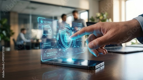 Secure digital wallet concept with a hand interacting with a smartphone and a protection shield icon.