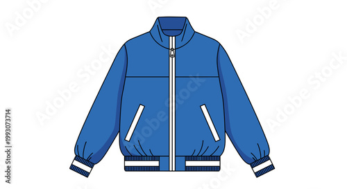 A flat illustration of a blue bomber jacket with white stripes on the cuffs and hem, featuring a zipper closure and side pockets.