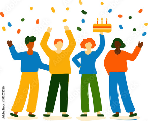 A group of four coworkers celebrates a business milestone at the office with vibrant confetti and cake, celebrating in a minimalist flat vector art style with muted colors