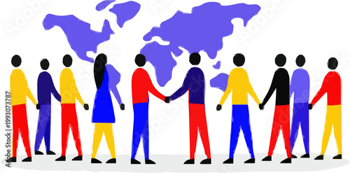 A diverse group of business professionals stands in front of a world map, symbolizing international collaboration and the growth of global commerce