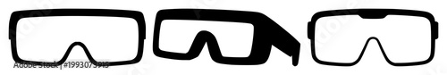 Augmented reality glasses set with solid black icon on white background featuring AR, eyewear, technology with iconography and apparel