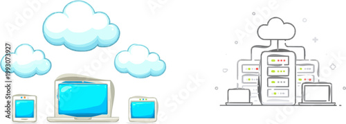 A clean, flat vector illustration of a cloud computing network with various devices connected to the cloud, depicted in muted cyan and lavender tones