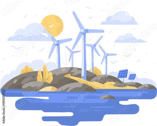 A serene illustration of a clean energy landscape featuring wind turbines, solar panels, and water hydro power icons in muted blue and green hues, with minimalistic flat vector art and no shadows