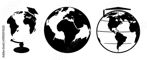 Globe with mortarboard set with solid black icon on white background featuring graduation, education, symbol with globe and academic hat and icon