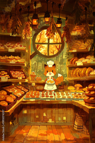 Children's picture book illustration concept of fox 
character in cozy autumn forest bakery, whimsical art design
