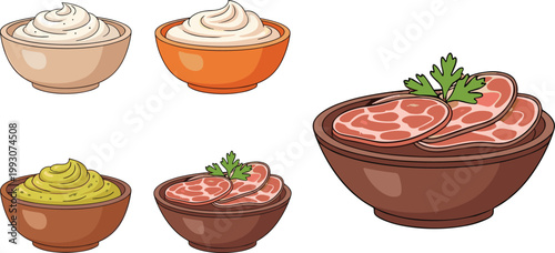 Food bowls collection with creamy sauces and sliced meat dishes, hand drawn vector illustration set for cuisine, restaurant menu and cooking design