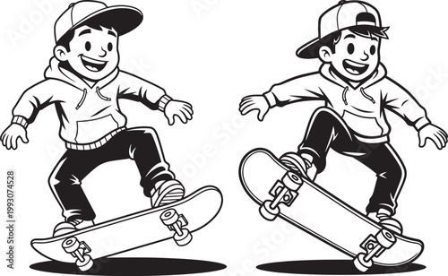 Two cartoon boys skateboarding wearing hoodies and baseball caps line art black and white skateboarding skateboards childhood recreation activity children illustration monochrome energetic
