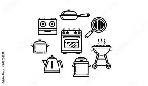 Modern kitchen and outdoor cooking appliance icon collection in bold outline vector style