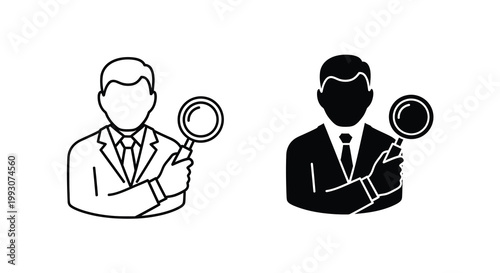A black and white illustration depicts a man with a magnifying glass shown in both outlined and solid forms