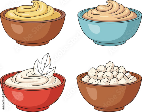 Food bowls collection with creamy sauces, mashed dishes and grains, hand drawn vector illustration set for cuisine, restaurant menu and cooking design
