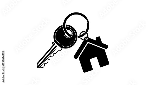 Modern house key and home keychain silhouette icon in bold black flat vector style