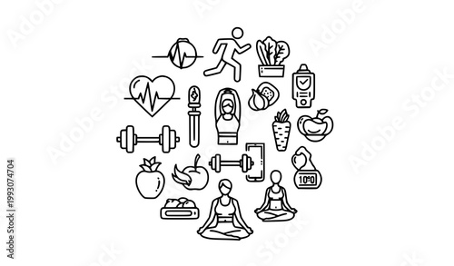 Modern wellness and fitness icon collection with health symbols in bold outline vector style
