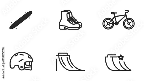 Sports Icons: A set of six monochrome illustrations representing popular sports equipment, ideal for digital design projects or infographics. 