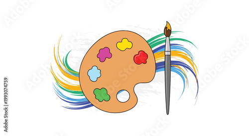 Wooden artist palette with colorful paint daubs and a paintbrush is shown against a background of swirling multi colored strokes.