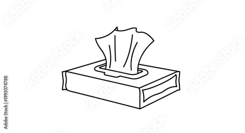 Rectangular container of wet wipes is shown with a single wipe pulled out from the top in a clean black line art style for hygiene products.