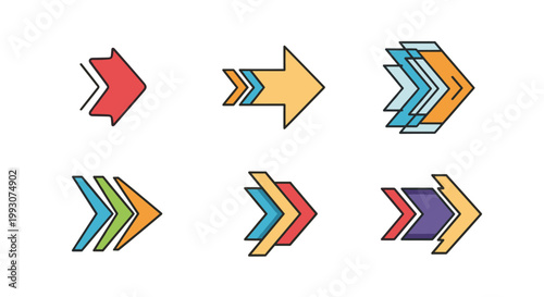 Multiple styles of colorful arrow pointers are shown with outlines to represent movement, direction, and navigation for digital media.