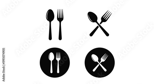 Spoon and fork icons are presented in four variations including side by side and crossed layouts in solid black and inverted styles.