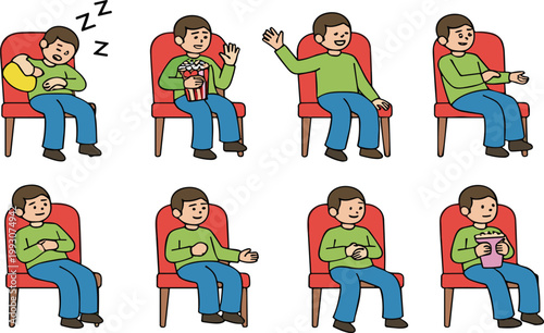 Man sitting on chair in different poses set, relaxing, watching movie and sleeping cartoon vector illustration collection for lifestyle and daily activity design